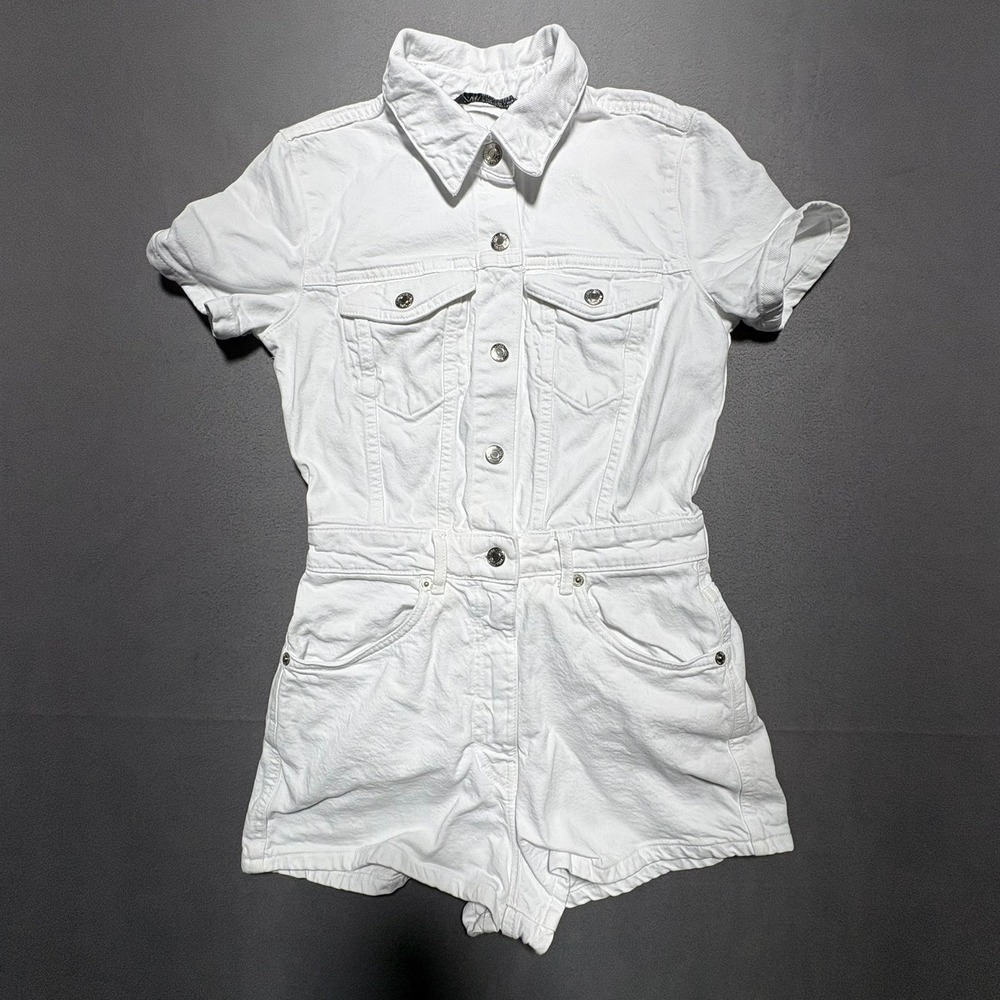 Zara White Denim Romper Short Sleeve Button Front Utility XS 8197/076/250